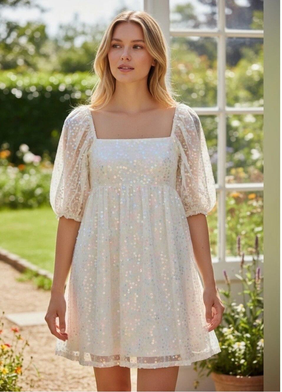 Altar'd State Dress L Iridescent Sequin Puff-Sleeve Princess Fairycore Coquette